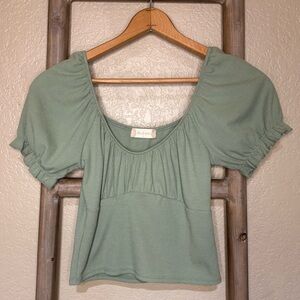 Altar'd State Sage Green Puff Sleeve Ribbed Cottagecore Babydoll Top